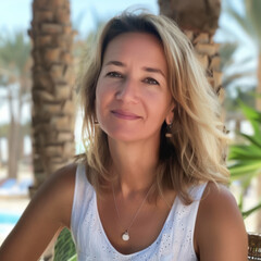 Fototapeta premium Outdoor portrait of a smiling woman, blurred image. AI generation