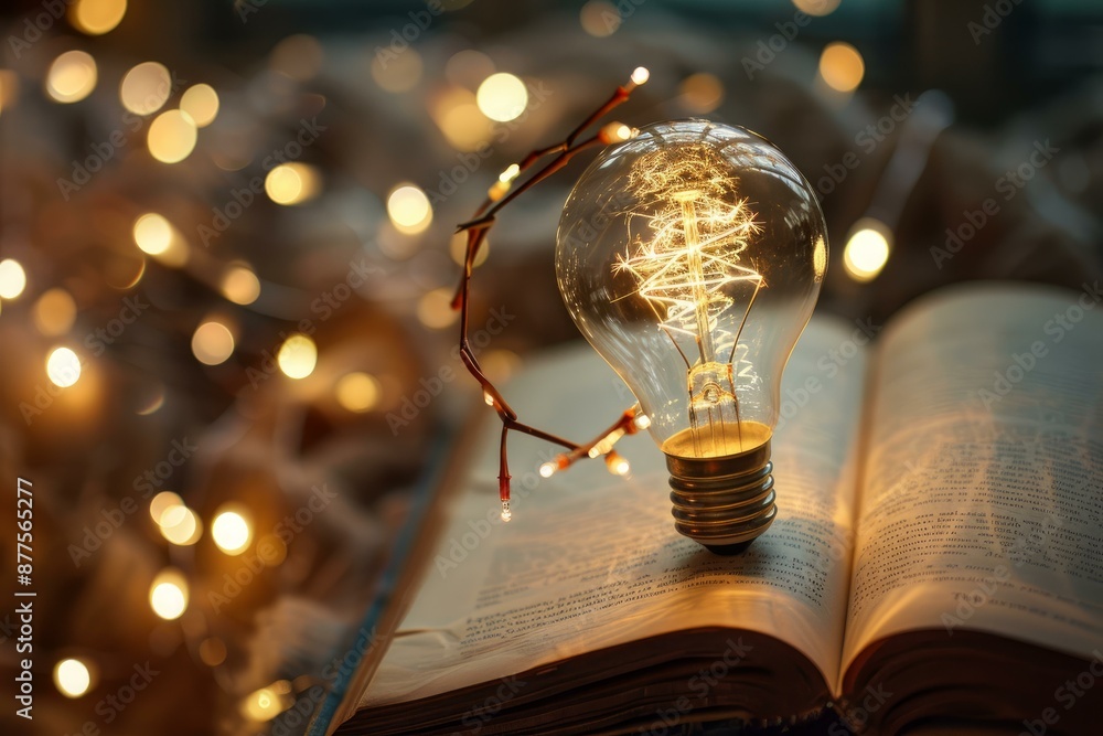 Poster light bulb glowing on top of an open book surrounded by string lights, representing the power of kno