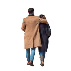 Couple élégant qui marche enlacé, vu de dos,  créant une scène complice et chaleureuse, c'est...