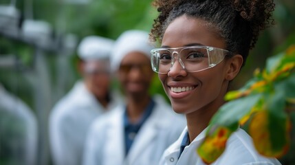A smiling scientist wearing safety glasses and a lab coat in a greenhouse with her team.