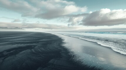 Serene black sand beach with ocean waves crashing, moody cloudscape, and distant mountains. Concept of nature, travel, and landscape photography.