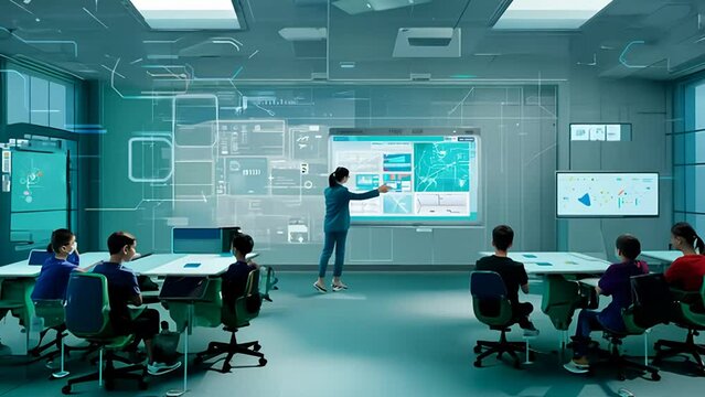 Woman Presents Data Analysis To Students In Modern Classroom