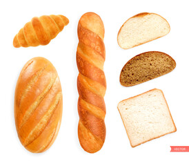 Bread realistic set. Different kinds of bakery and bread of wheat products with croissants and toast bread.
Isolated on white background. Top view. Realistic vector illustration