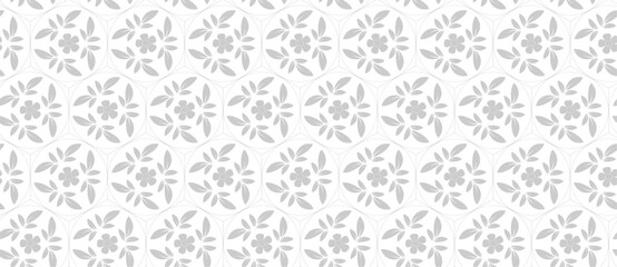 Fototapeta premium Seamless pattern floral ornamental decorative geometric shape white gray theme repeatable vector texture white background creative vintage retro style fabric textile paper wood print