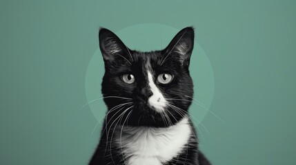 Obraz premium Tuxedo cat in black and white on green disc