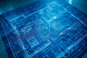 Obraz premium Detailed Blue Architectural Blueprint Showing Technical Drawings and Plans for a Building. Generative AI