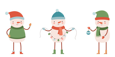 A set of funny snowmen in a variety of costumes and poses.