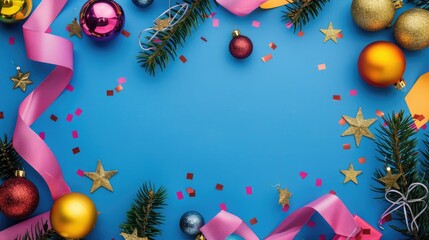 Fototapeta premium Christmas decoration frame on colorful backdrop