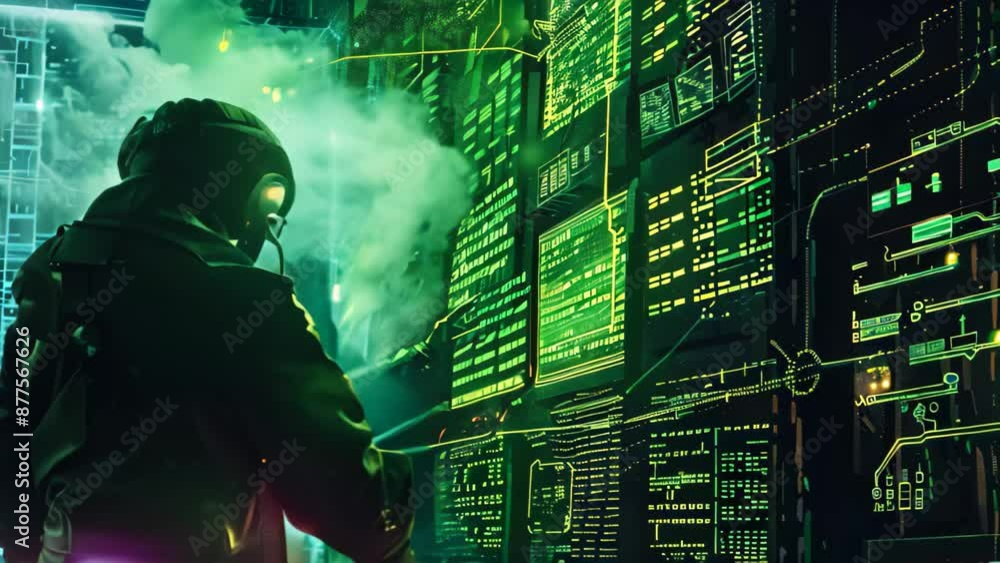 Poster a man in a hoodie focused on a computer screen, illustrating the process of data masking to conceal 