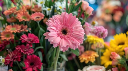 A pink Gerbera flower standing out in a florist s bouquet
