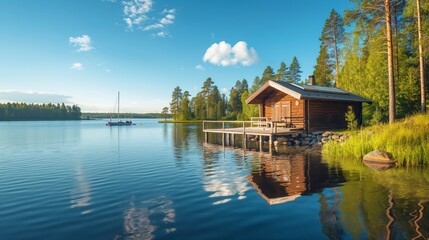 Obraz premium Wooden cabin sits by a tranquil lake with a sailboat nearby, surrounded by forest and calm water.