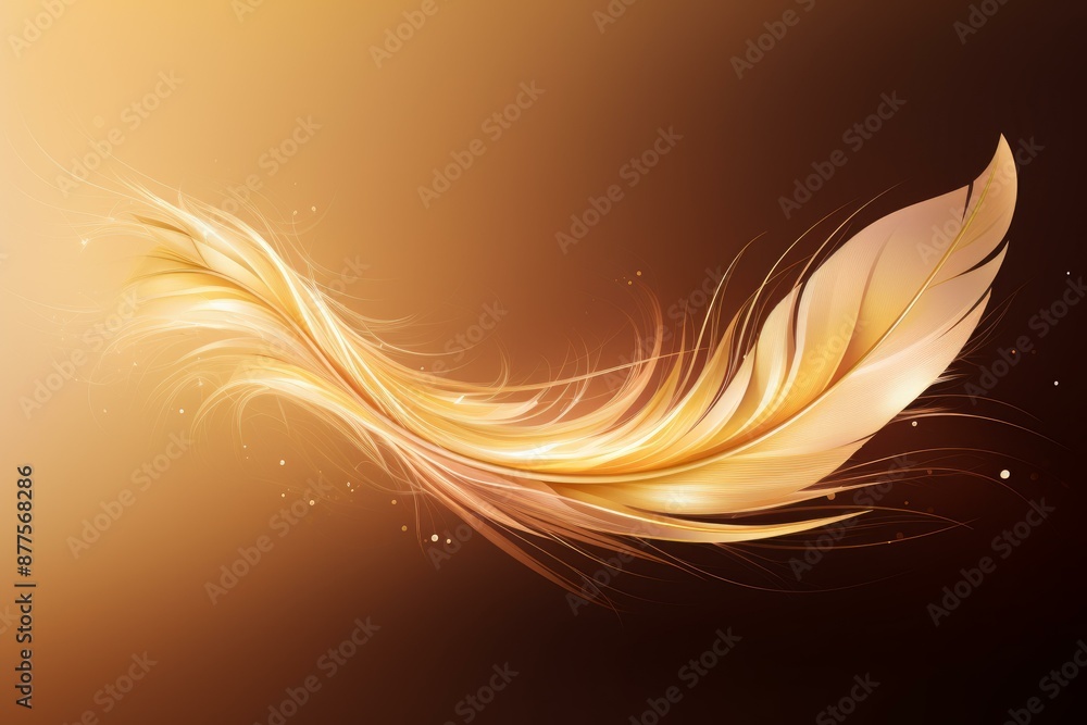 Poster luxurious golden feather abstract design with flowing lines and shimmering particles in elegant gold