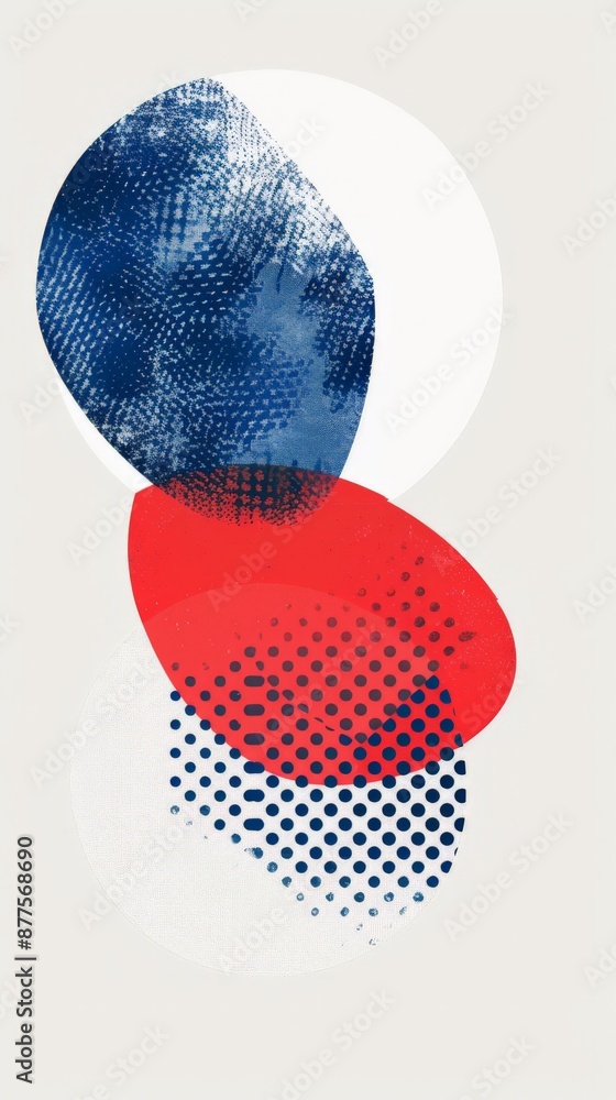 Poster blue, red, and white circles and dots overlap and form a vibrant abstract pattern