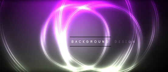 Neon glowing circle rays, light round lines in the dark, planet style neon wave lines. Energetic electric concept design for wallpaper, banner, background