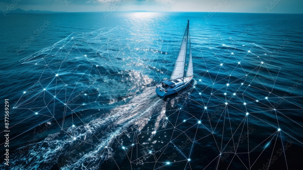 Poster an aerial view of a sailboat cutting through the waves of the open ocean, with a network of light po