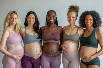 photo of a group of multicultural pregnant women standing and smiling fitness clothing , full body view , studio background