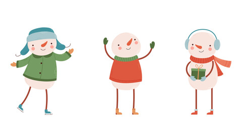 A set of funny snowmen in a variety of costumes and poses.