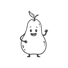 Cute cartoon pear with smile isolated on white background. Funny pear character in doodle style 