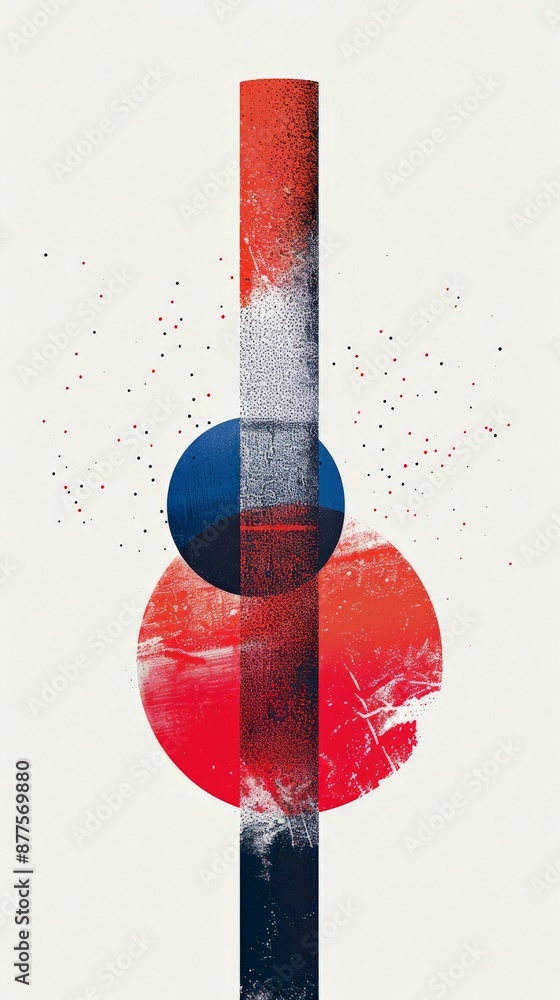 Poster abstract circles and a vertical stripe of color, surrounded by scattered dots