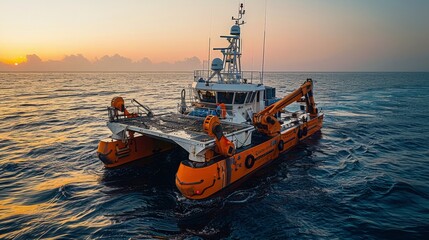 An orange research vessel sails across the ocean at sunset.