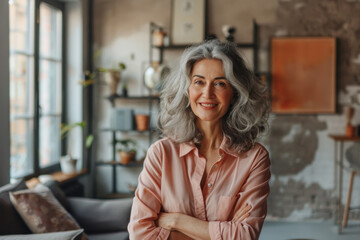 Fototapeta premium a portrait photo of a smiling confident and happy mature woman wearing a pink shirt and standing in her modern apartment