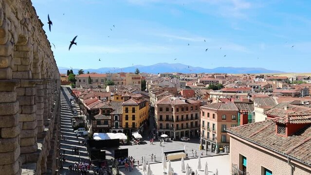 Swallows flying over the ancient aqueduc in Segovia Spain