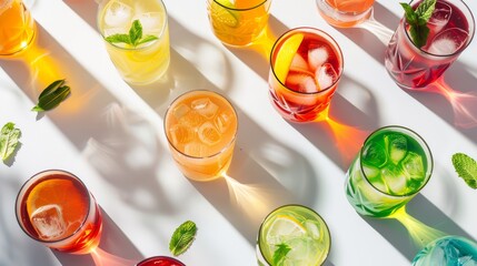 Summer cocktails drinks set. Assortment of multicolored strong and low alcoholic beverages for cocktail party. White background, hard light, shadows pattern, top view 