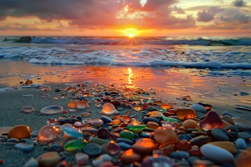 Obraz premium Colorful Sea Glass and Smooth Pebbles at Sunset on a Beach