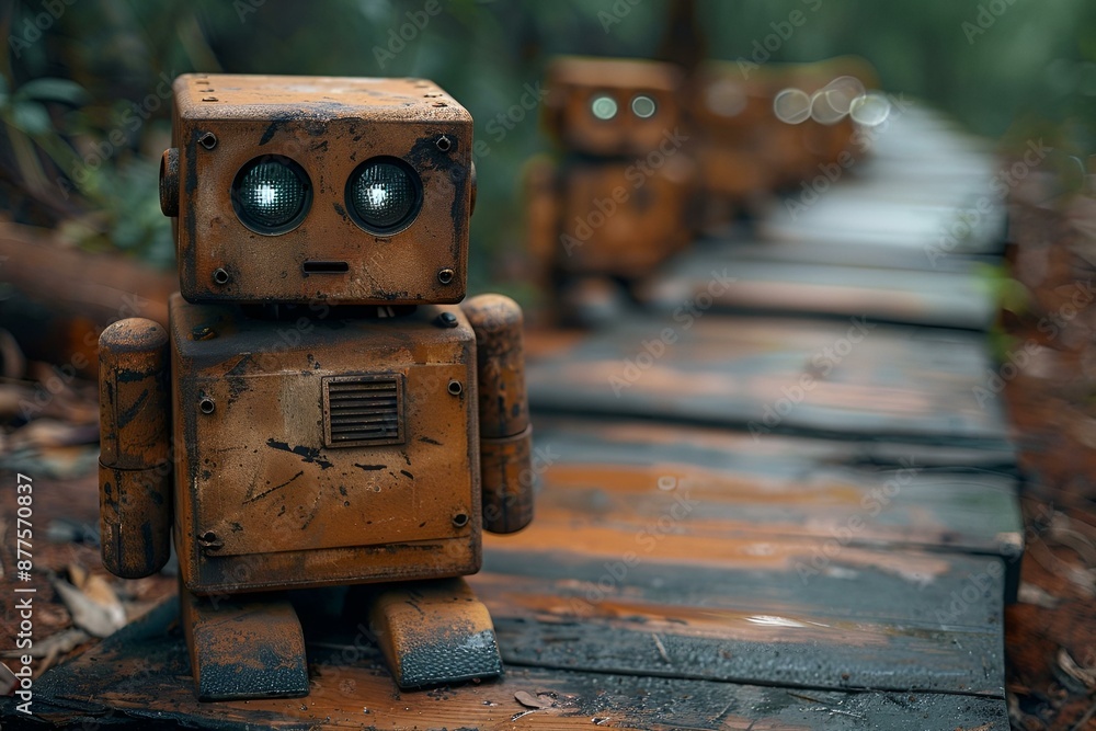 Aufkleber a robot standing on a wooden path in a serene forest setting.