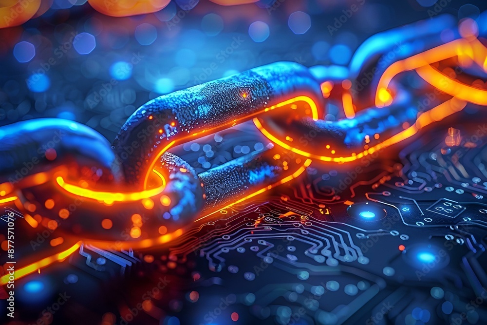 Poster a close-up of a chain link resting on a circuit board, symbolizing connectivity and technology.