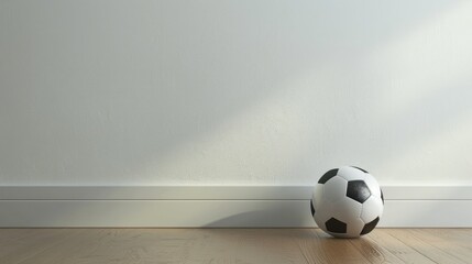 Soccer ball beside a white wall in a home setting with room for text