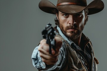 West style with cowboy hat and revolver. Man aims revolver at camera with serious look. Perfect for western themed projects. Wild West concept, close-up view. Photography for stock use. Generative AI