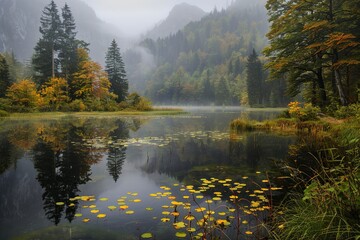 Tranquil Foggy Morning at a Mountain Lake With Autumn Colors and Lily Pads