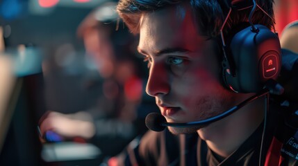 An esports player wearing a headset
