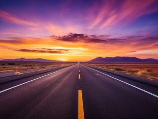 Naklejka premium Straight Highway Stretching Through the Desert with Stunning Sunset Colors Above. Generative AI
