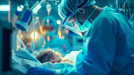 Newborn baby in intensive care unit with medical professional. Vividly lit surroundings depict neonatal healthcare. High-resolution image captures moment of care and compassion in medical setting. AI