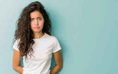 Obraz premium a headshot image of a beautiful young hispanic woman with sad face standing on a mint background