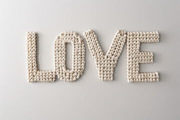 an image of knitted word love made of knitted crochet, beige color, on white studio background