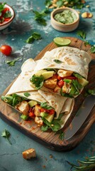 Two tofu and avocado wraps on a cutting board with a knife