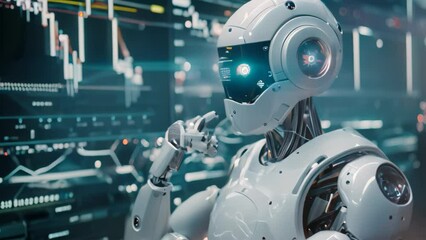 A robot stands in front of a bustling stock market, analyzing data for automated trading algorithms, Implementing trading algorithms for automated trading