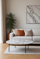 A marble tabletop with a modern cozy living room with a comfortable couch