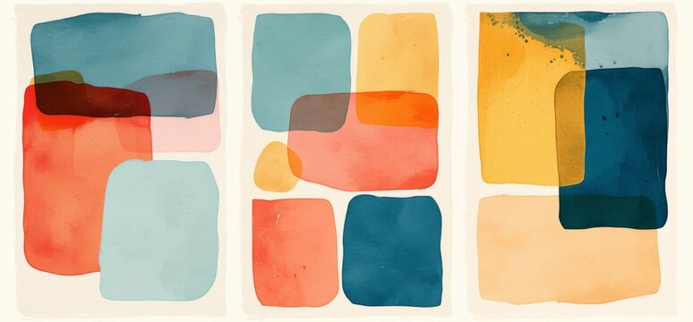 Set of Three Vertical Frames with Colorful Abstract Watercolors and Textured Papers in Mid-Century Modern Art Style on White Background

