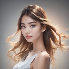 Naklejka premium portrait of a woman with brown hairs on purple background