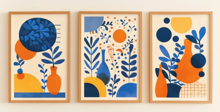 Three Abstract Art Prints with Blue and Orange Geometric Shapes in Wooden Frames on White Background, Featuring Minimalistic Straight Lines and Circles