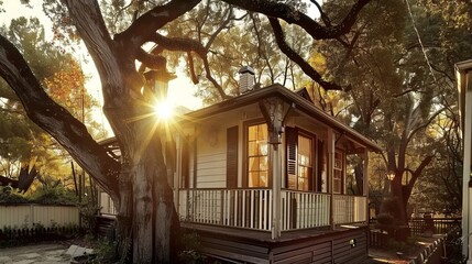 A charming old-fashioned American home with a white exterior and wooden shutters glows in the warm light of the setting sun.