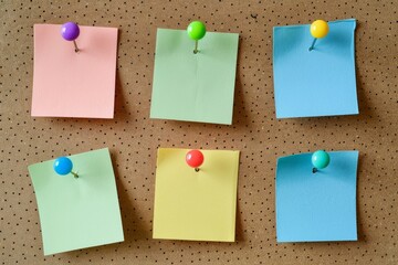 Colorful sticky notes on corkboard with push pins. Bright sticky notes pinned on corkboard for memos and reminders. Ideal for office and home organization. Generative AI