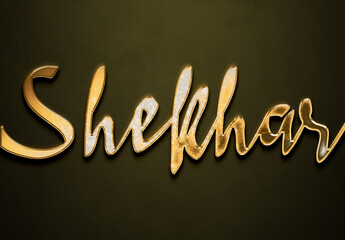 Old gold text effect of Hindi name Shekhar with 3D glossy style Mockup.