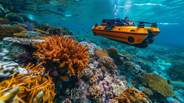 An underwater remotely operated vehicle in ocean