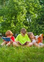 Cute children reading colorful books together outside in the park. Poster.