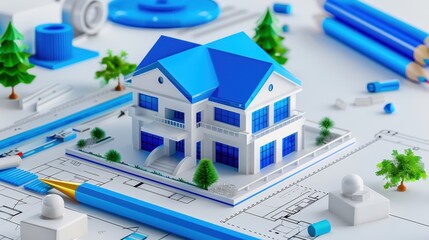 Architectural model house with blue roof surrounded by construction tools, pencils, and blueprint, representing real estate and construction.